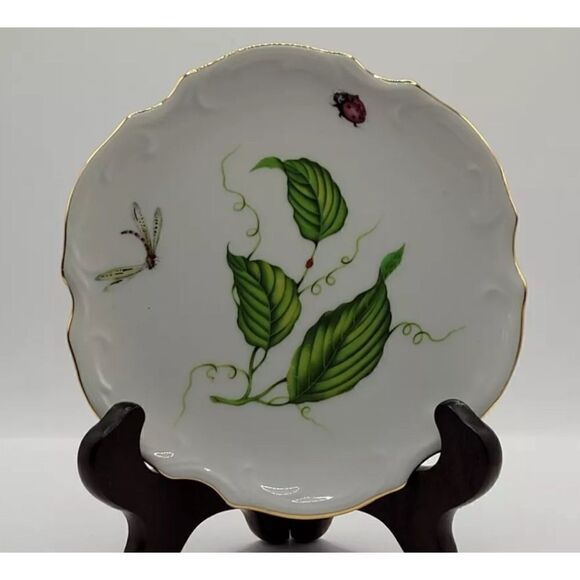 I. Godinger Co. Dome Covered Butter/ Cheese Plate Gold Trim Dragonfly Ladybug - Picture 1 of 6